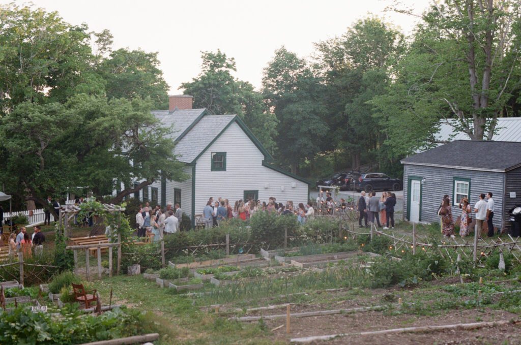 wide shot of wedding guests mingling at O'Brien Farm at dusk 
