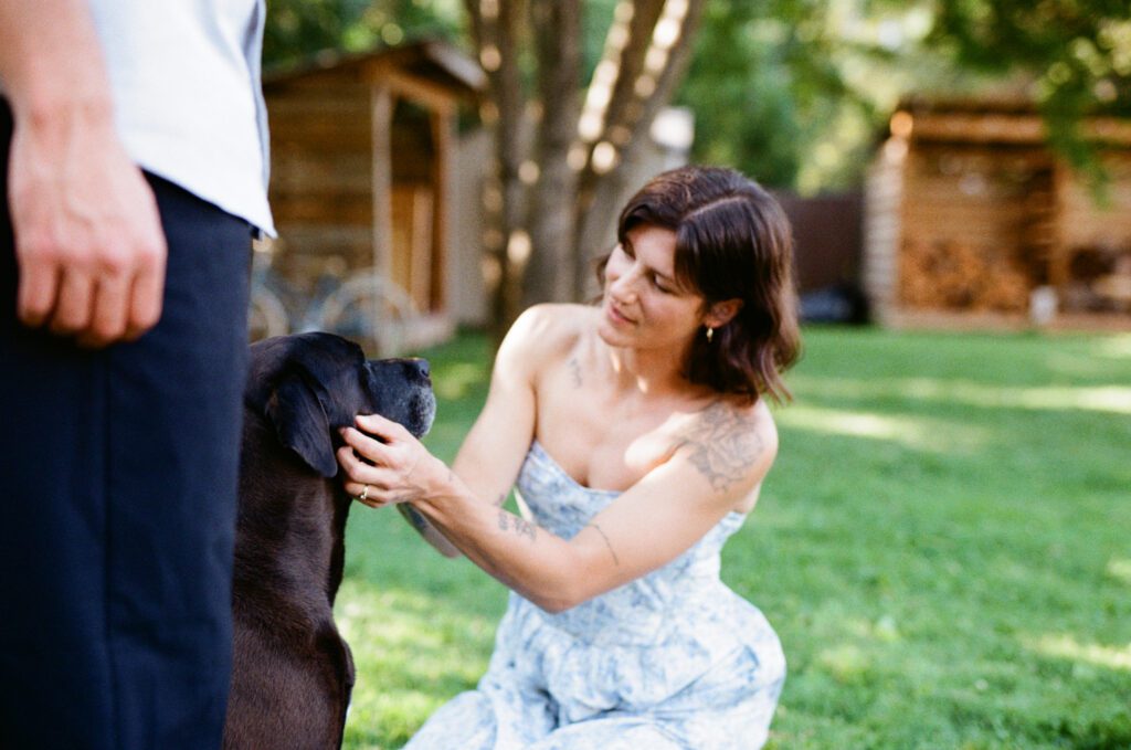 film photo of a woman siting in the grass in a blue dress petting a chocolate lab dog