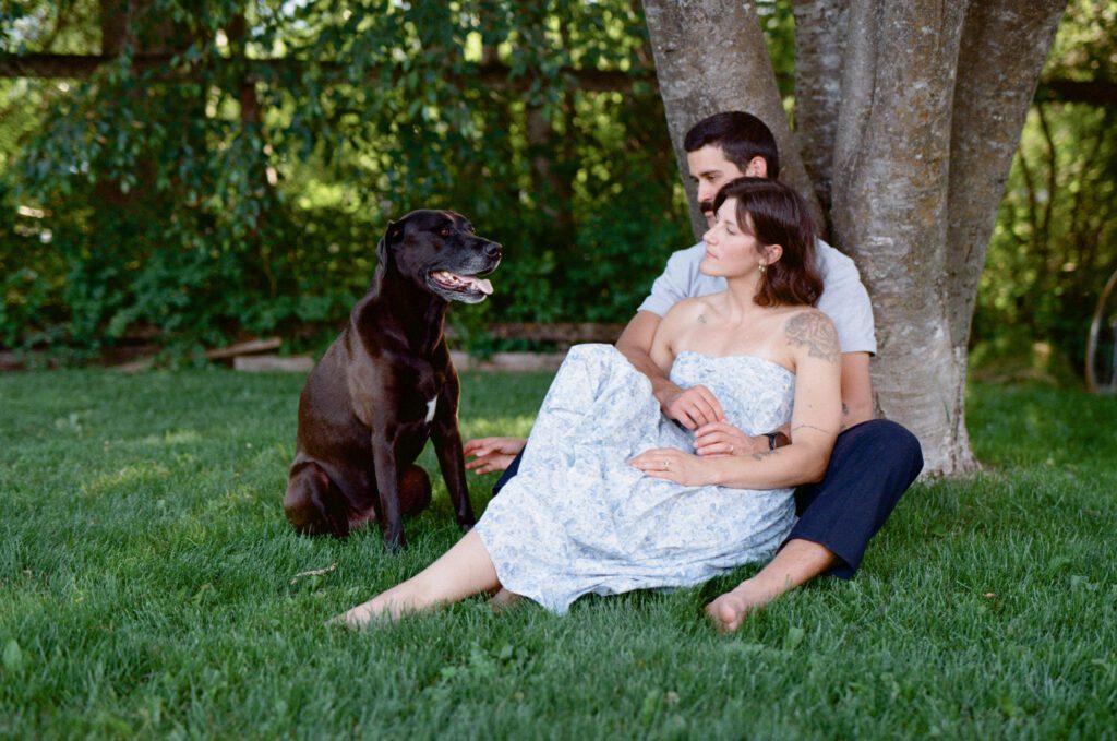 woman in blue dress sits in her husband's arms beside a big oak tree. They pet a brown dog