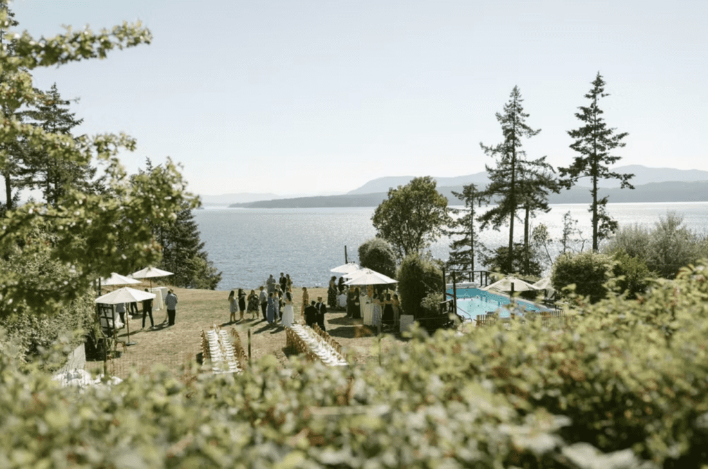 wedding guests mingle on the lawn of a wedding venue on Pender Island, BC overlooking the ocean