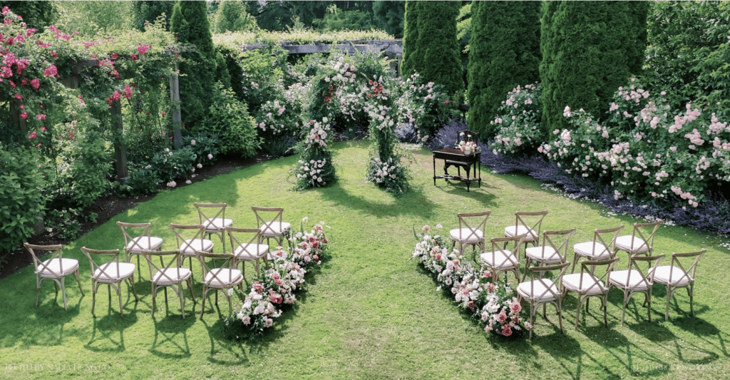 chairs are set out for a wedding in heritage garden at Hycroft Manor in Vancouver