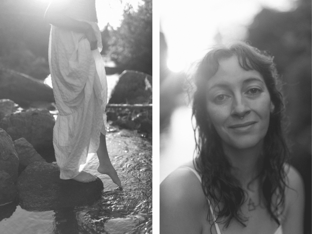 woman in long white dress dips a toe into a river at golden hour during Self Love Session in Squamish, BC